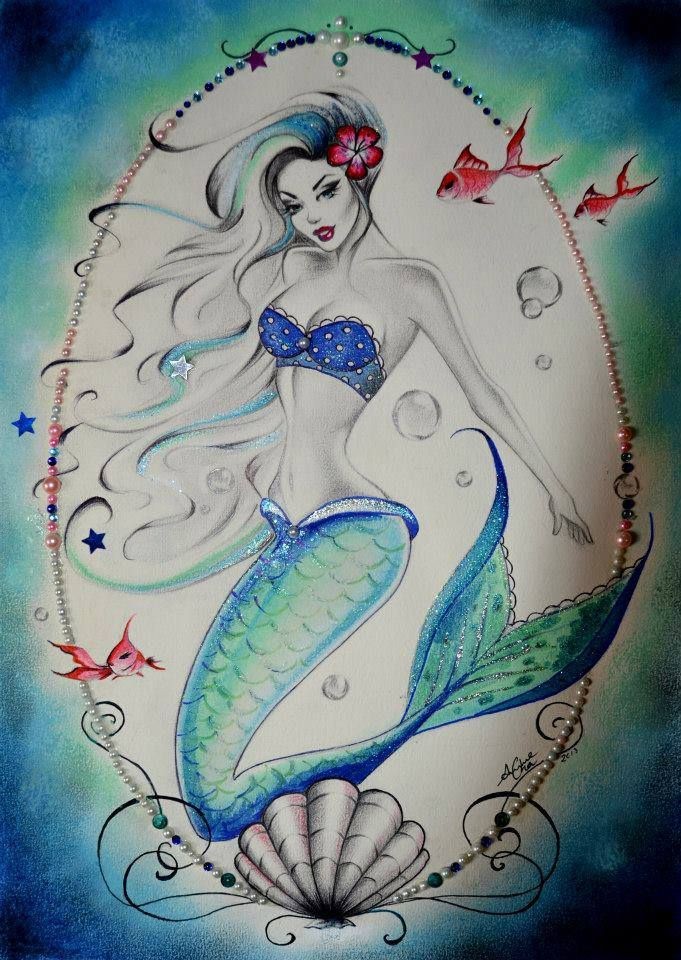 Lovable framed mermaid in blue bra tattoo design