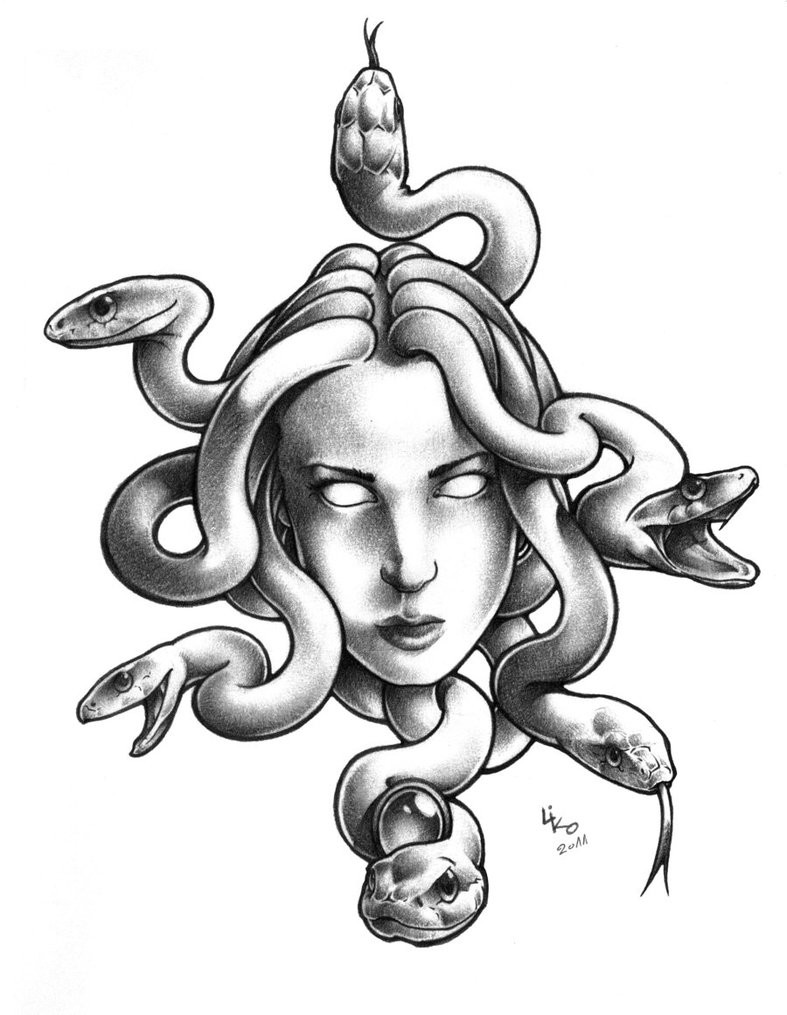 Lovable grey-ink blind medusa gorgona head tattoo design