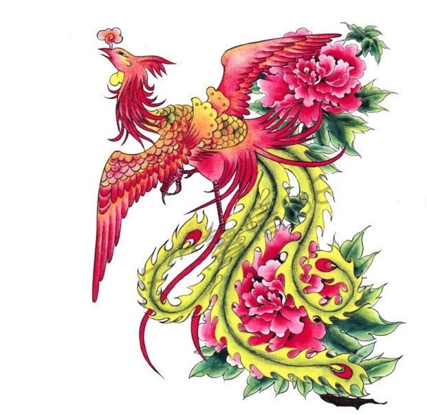 Lovable pink phoenix with green tail among peoniy flowers tattoo design
