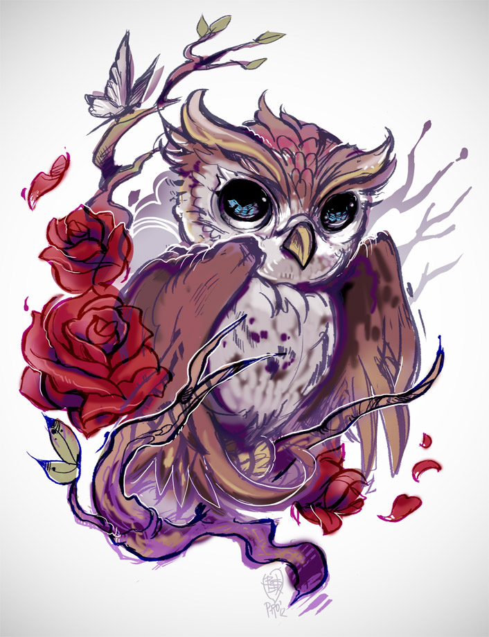 Lovely animated owl and red roses tattoo design