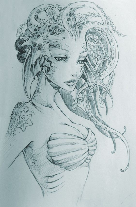 Lovely animated pencilwork mermaid portrait tattoo design