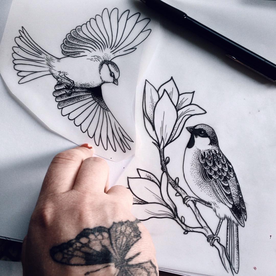 Lovely black-and-white birds tattoo design