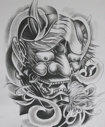 Lovely black-and-white demon head and pretty flower bud tattoo design