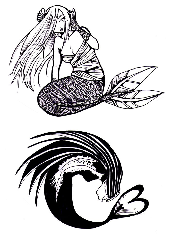 Lovely black-and-white mermaids in different poses tattoo design by Athamaarit