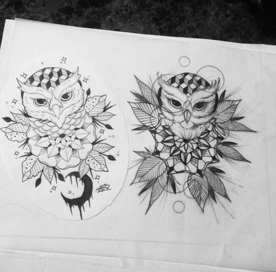 Lovely black-and-white owl and mandala flower tattoo design