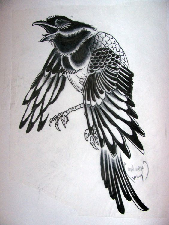 Lovely black-and-white screaming raven tattoo design