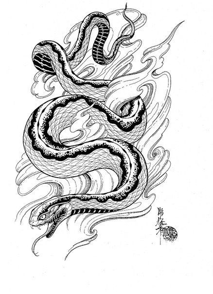 Lovely black-and-white swimming snake tattoo design
