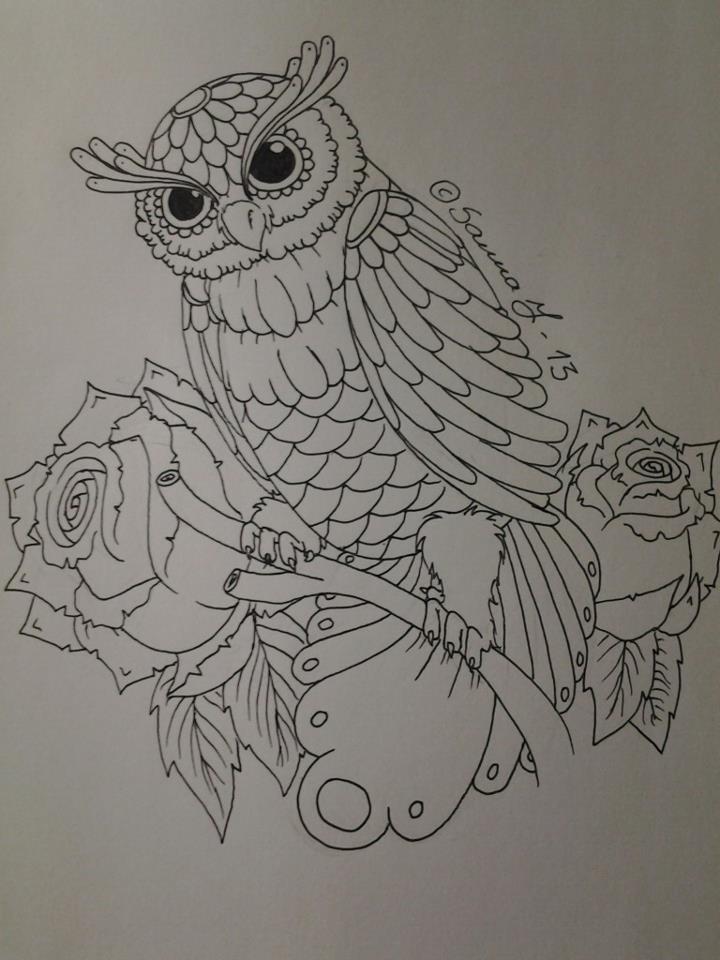 Lovely black-contour owl with roses tattoo design by Alternative End