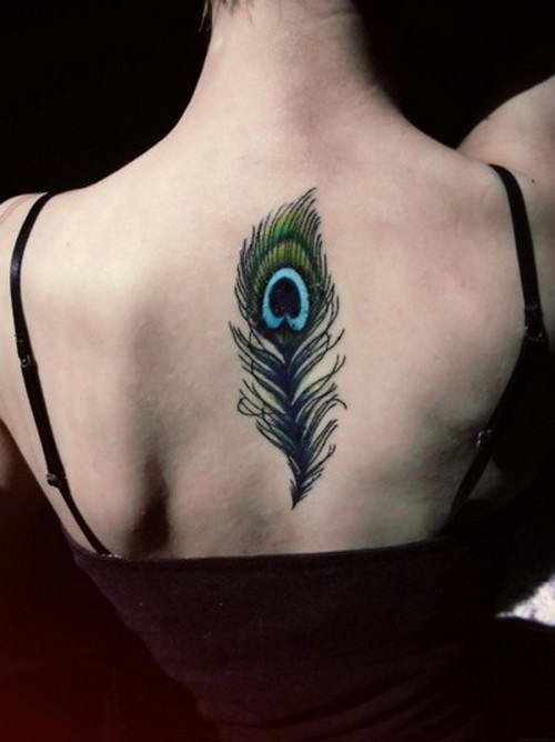 Lovely black peacock feather tattoo for girls on back