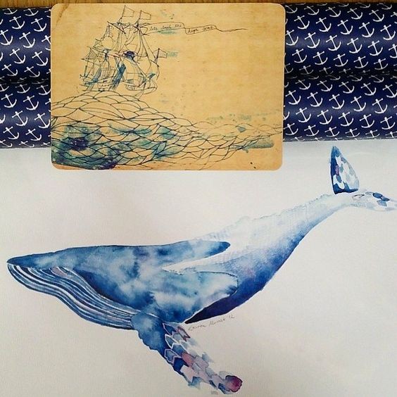 Lovely blue watercolor whale tattoo design