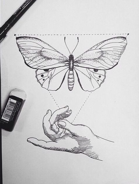Lovely butterfly in triangle frame and open human hands tattoo design