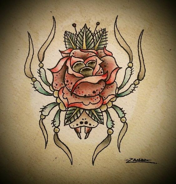 Lovely colorful spider with rose body tattoo design