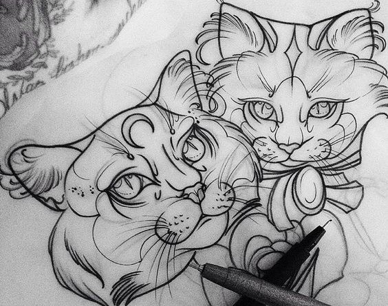 Lovely colorless domestic animal couple tattoo design
