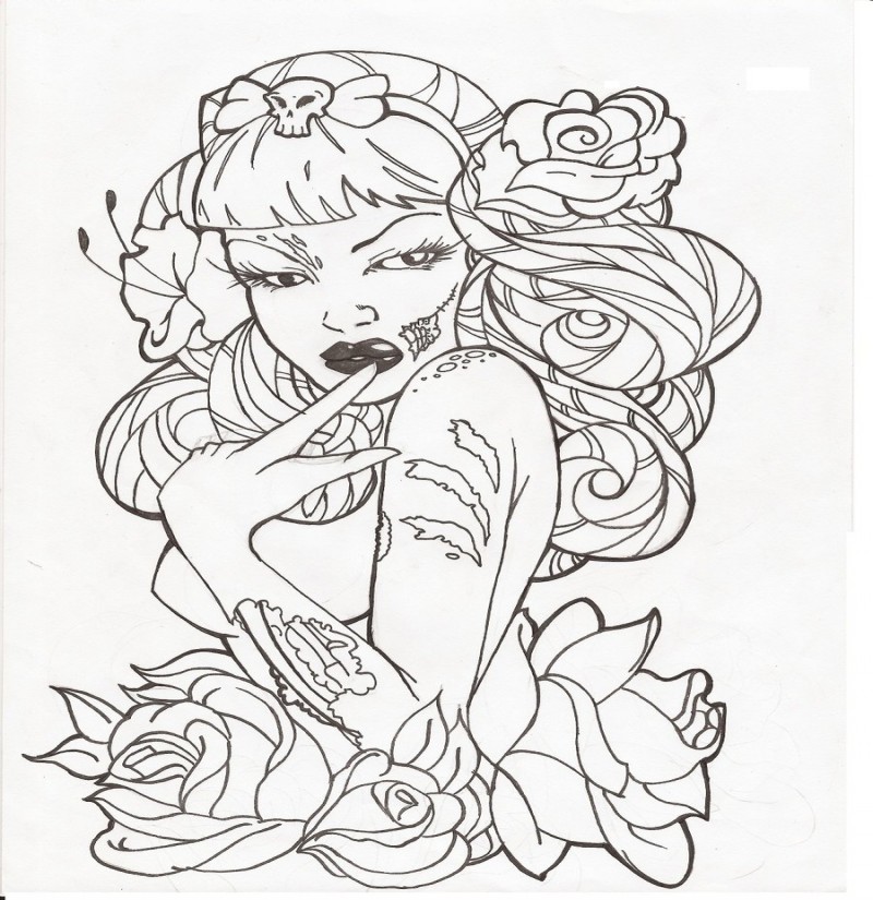 Lovely colorless pin up zombie girl with rose buds tattoo design by Kitajec