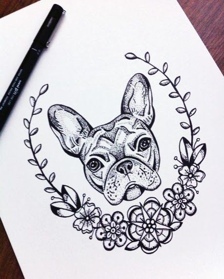 Lovely dotwork bulldog head witg floral frame tattoo design