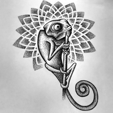 Lovely dotwork chameleon on mandala background tattoo design