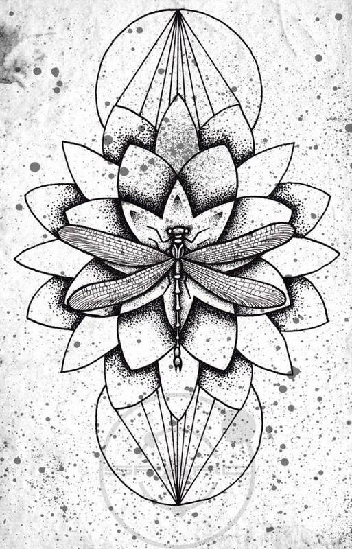 Lovely dotwork dragonfly on floral and geometric background tattoo design