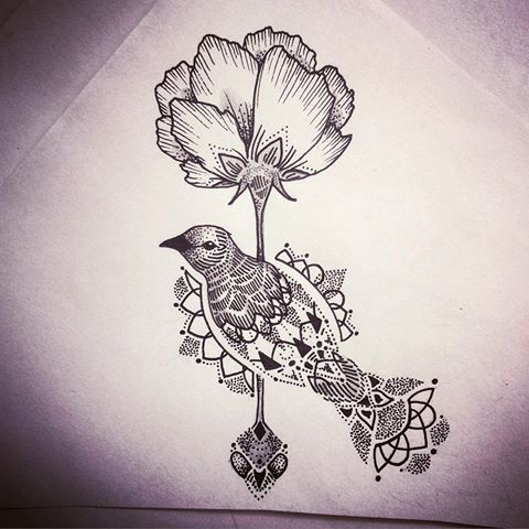 Lovely dotwork ornamented bird and huge poppy flower tattoo design