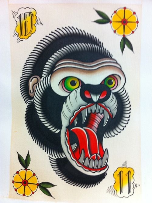 Lovely green-eyed screaming gorilla head tattoo design