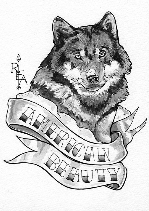 Lovely grey-color wolf with large lettered stripe tattoo design
