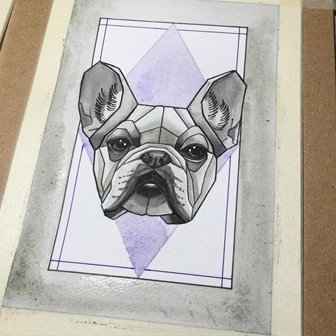 Lovely grey-ink bulldog head on purple rhombus bakground tattoo design