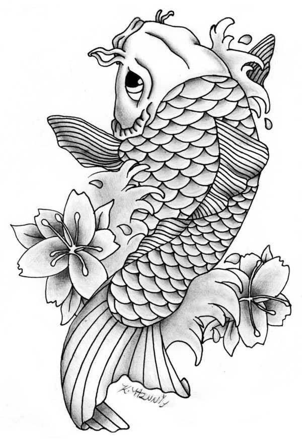 Lovely grey-olor koi fish tattoo design by Equine Ribbon
