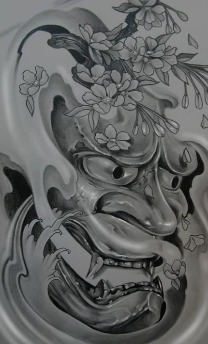 Lovely grey japanese demon and cherry blossom tattoo design