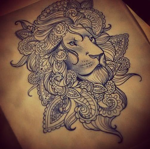 Lovely lion muzzle with indian-pattern mane tattoo design