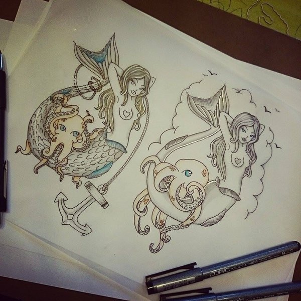 Lovely mermaids with octopus creatures tattoo design by Kohlmeisen