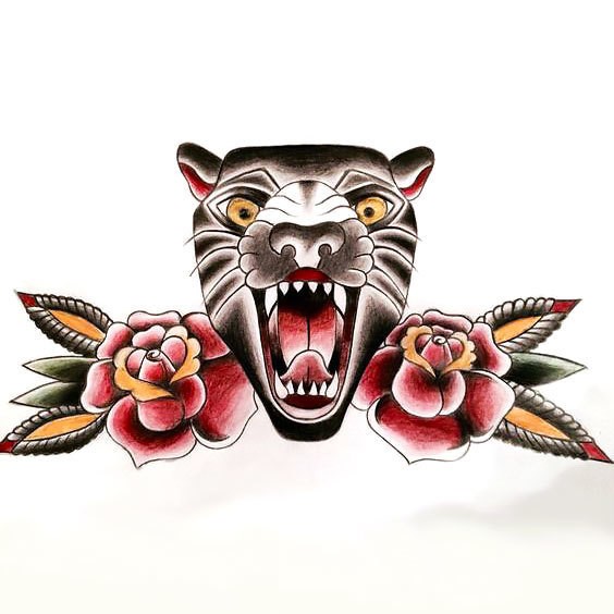 Lovely old school panther and roses tattoo design