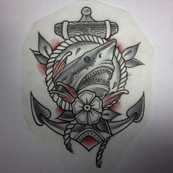 Lovely old school shark and anchor with flower tattoo design