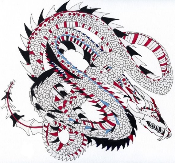 Lovely ornamental red-and-black asian dragon tattoo design
