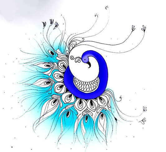 Lovely ornamented peacock in blue colors tattoo design
