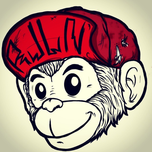 Lovely outline chimpanzee in huge red cap tattoo design