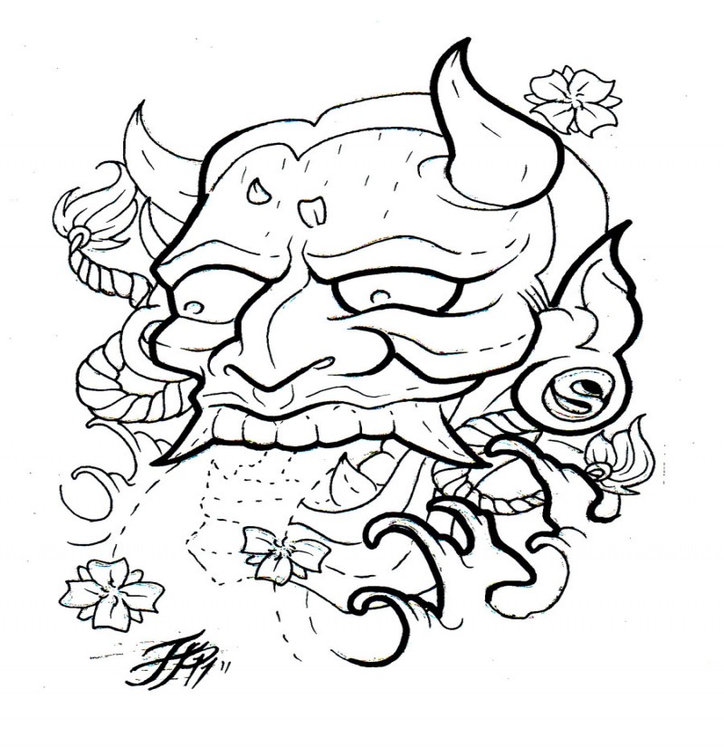 Lovely outline demon face and sakura lossom tattoo design by Eltri