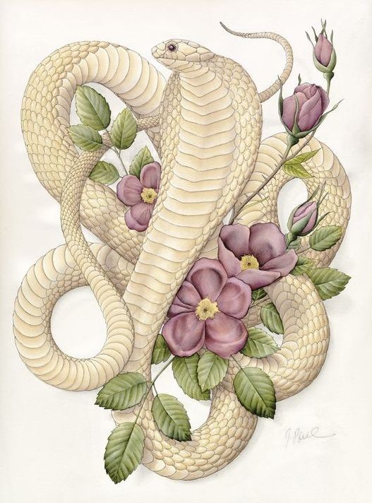 Lovely pale-yellow snake and small purple flowers tattoo design
