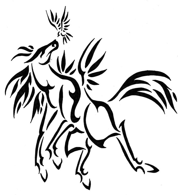 Lovely tribal horse playing with small bird tattoo design