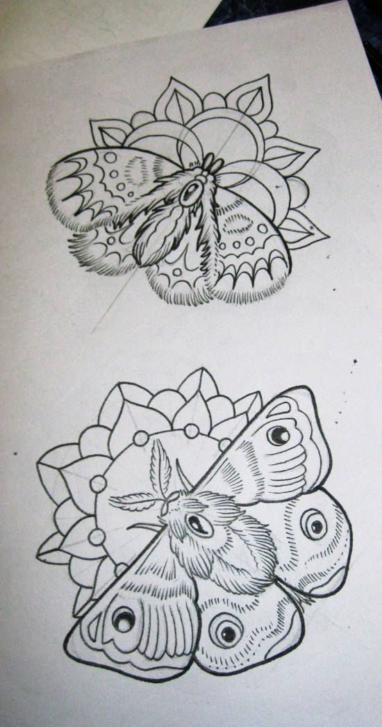 Lovely uncolored mothes sitting on half-mandala flowers tattoo design by Thirteen7s