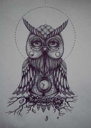 Lovely uncolored owl meditation tattoo design