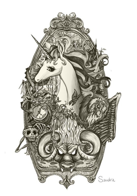Lovely unicorn and angry bull head in detailed background tattoo design
