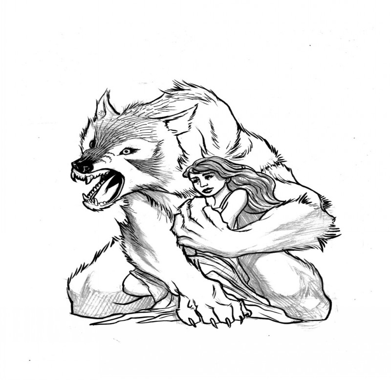 Lovely werewolf protecting a young woman tattoo design by Igor Desic