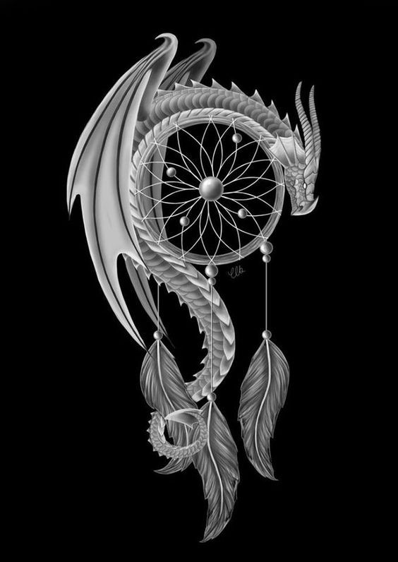 Lovely white-ink dragon sitting on dream catcher tattoo design