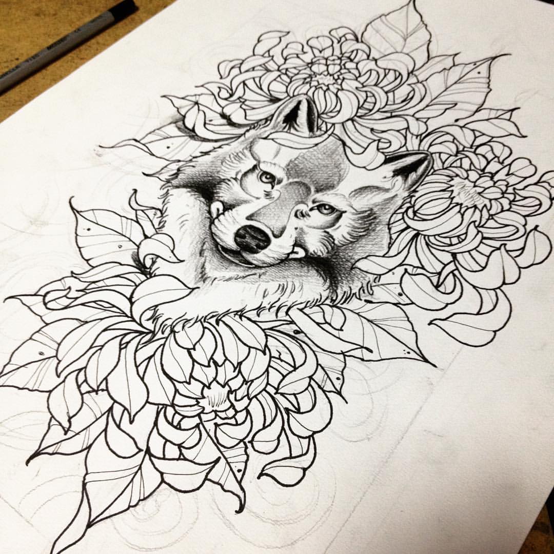 Lovely wolf head in peony flowers tattoo design