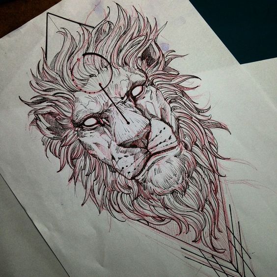 Lunatic empty-eyed lion on geometric figure background tattoo design