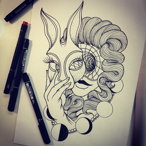Luxury-haired lady with hole face keeping rabbit mask tattoo design