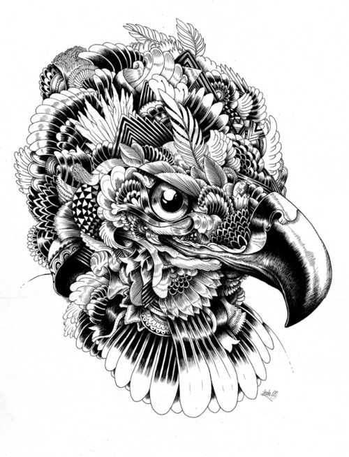 Luxury black-and-white fluffy feathered head eagle with ornament tattoo design