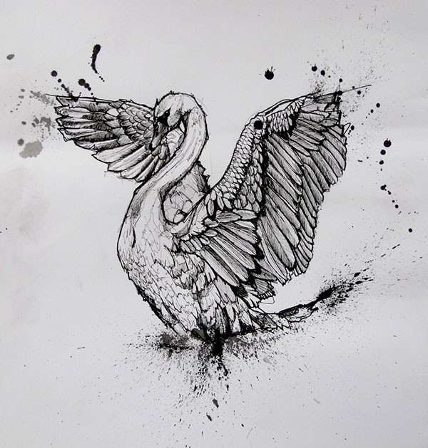Luxury black-ink open-winged swan with watercolor splashes tattoo design
