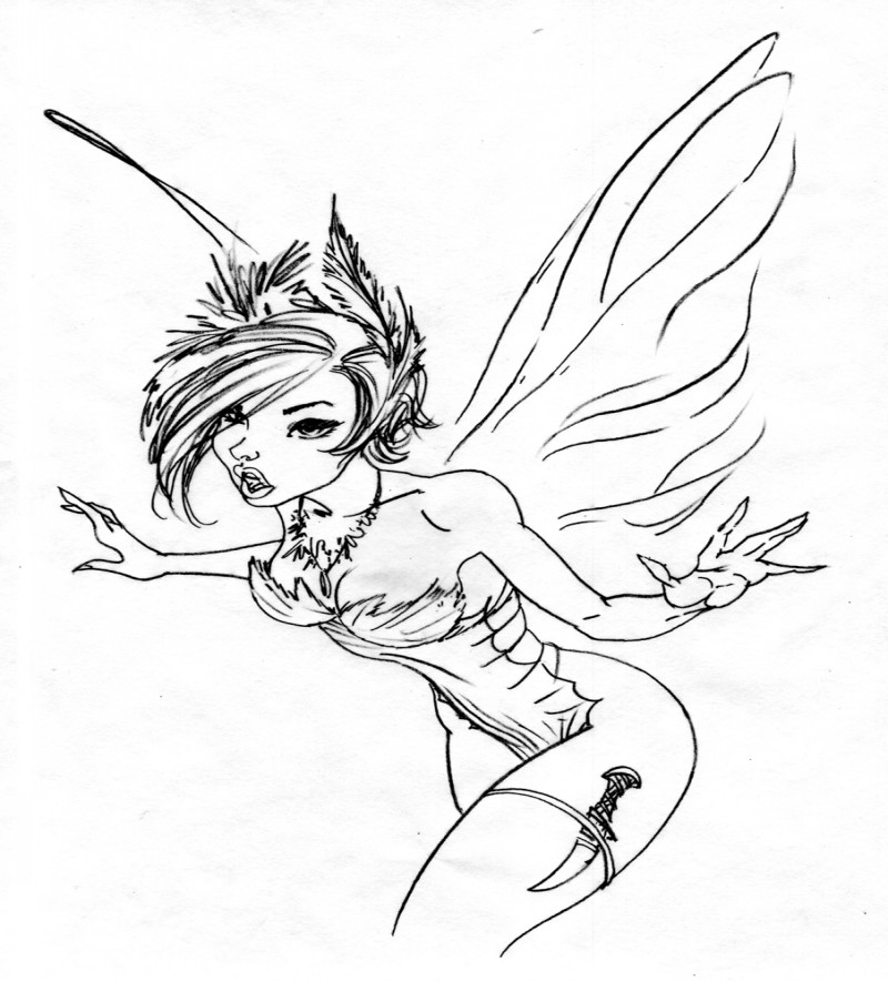 Luxury black-line fairy spy with a dagger tattoo design