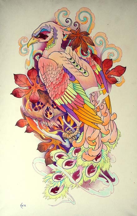 Luxury colorful phoenix sitting on detailed leaf background tattoo design