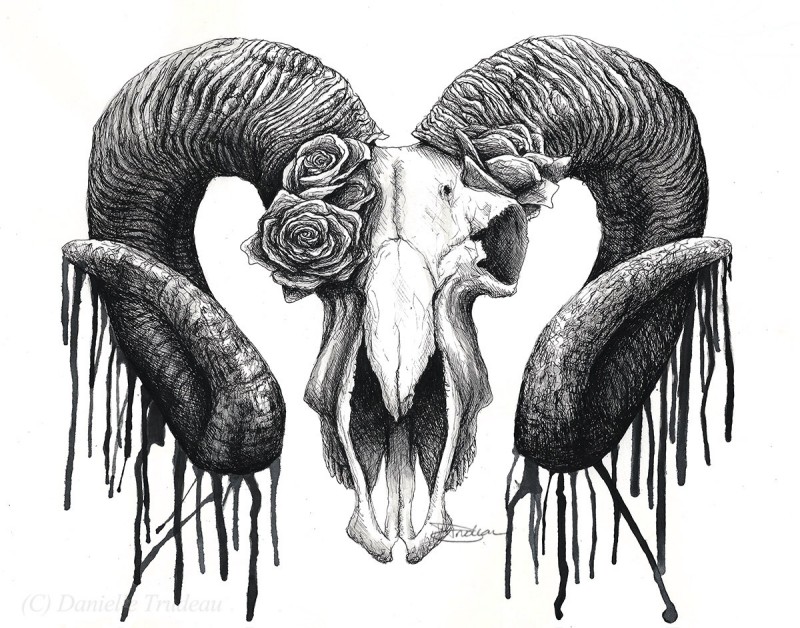 Luxury grey-ink ram skull with smudged horns tattoo design